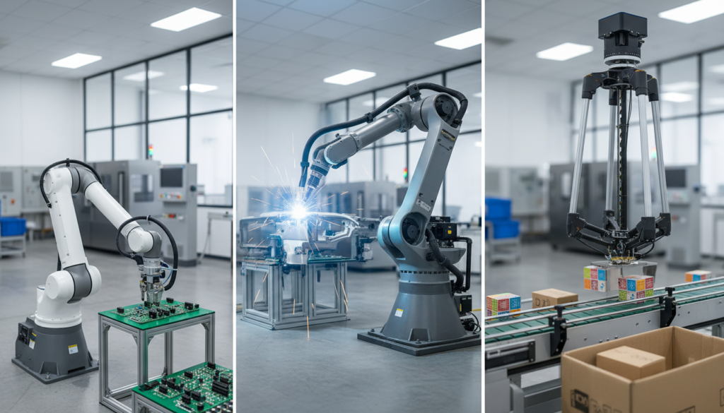 découvrez les différences entre les robots scara, 6 axes et delta pour choisir celui qui correspond le mieux à vos besoins industriels et automatisations spécifiques.
