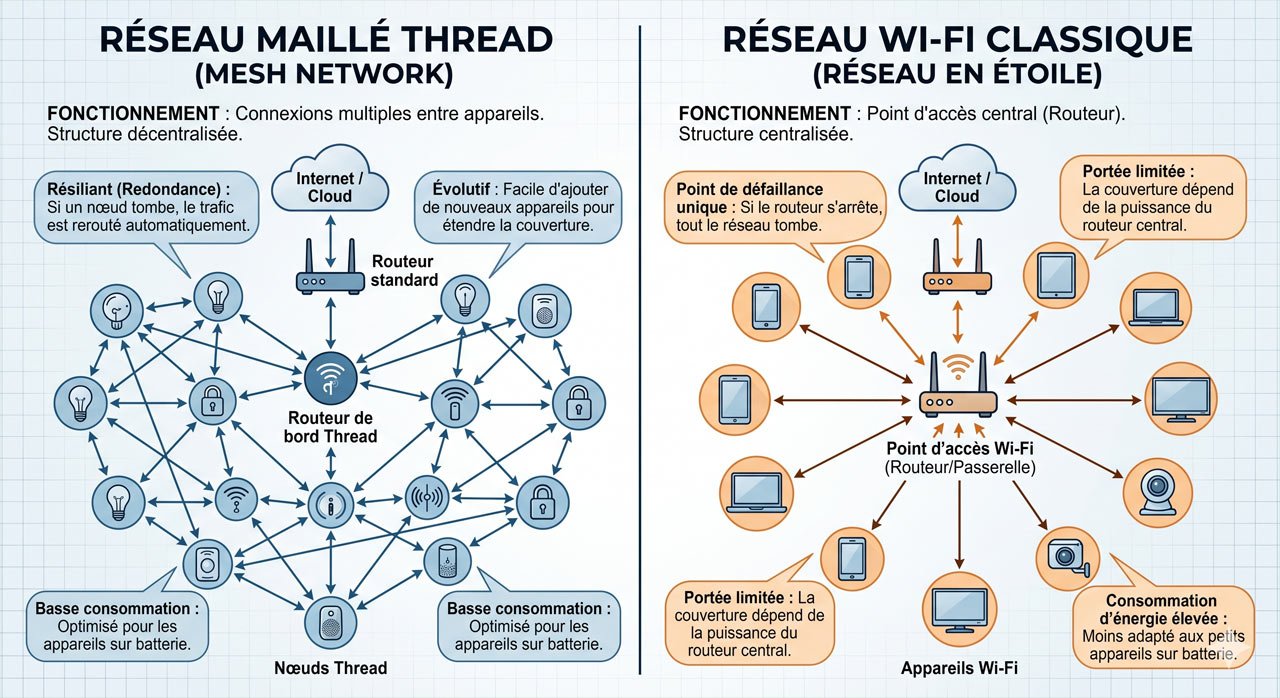 schéma d'un réseau maillé Thread vs un réseau Wi-Fi classique